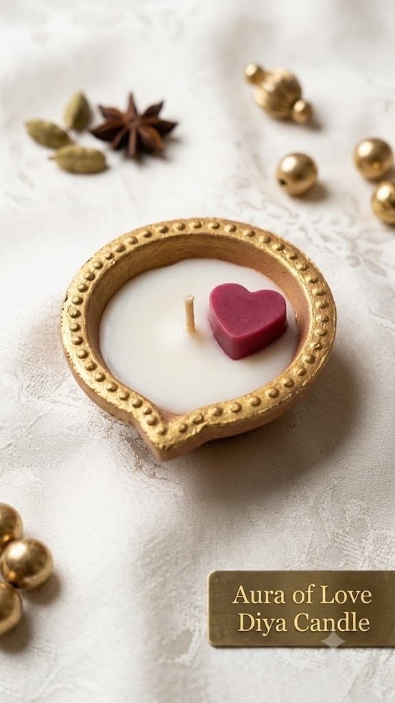 A gold-painted clay diya filled with white wax and a deep pink wax heart beside the wick, on ivory damask with cardamom, star anise and gold beads, captioned Aura of Love Diya Candle.