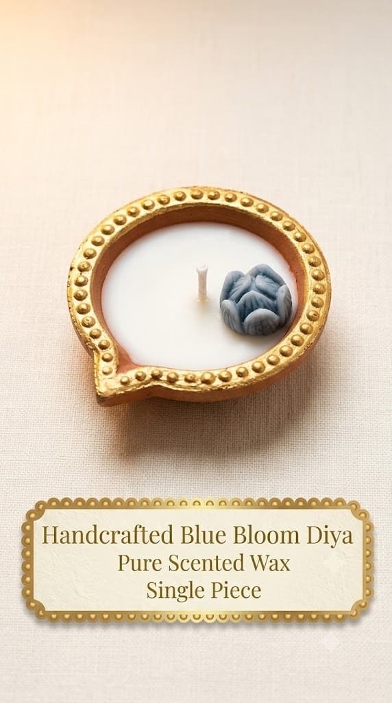 A terracotta diya with a gold-beaded rim, filled with white wax and topped with a slate-blue wax flower beside the wick, on cream linen, captioned Handcrafted Blue Bloom Diya — pure scented wax, single piece.