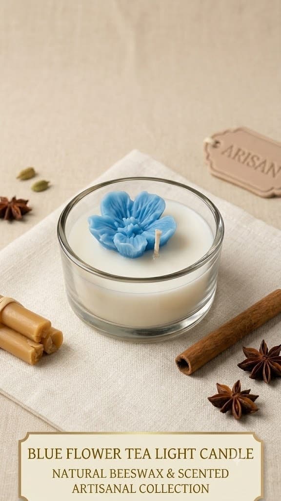 A clear glass tea light filled with white wax and topped with a blue wax flower, on linen with cardamom, star anise and cinnamon around it, captioned Blue Flower Tea Light Candle — natural beeswax and scented.