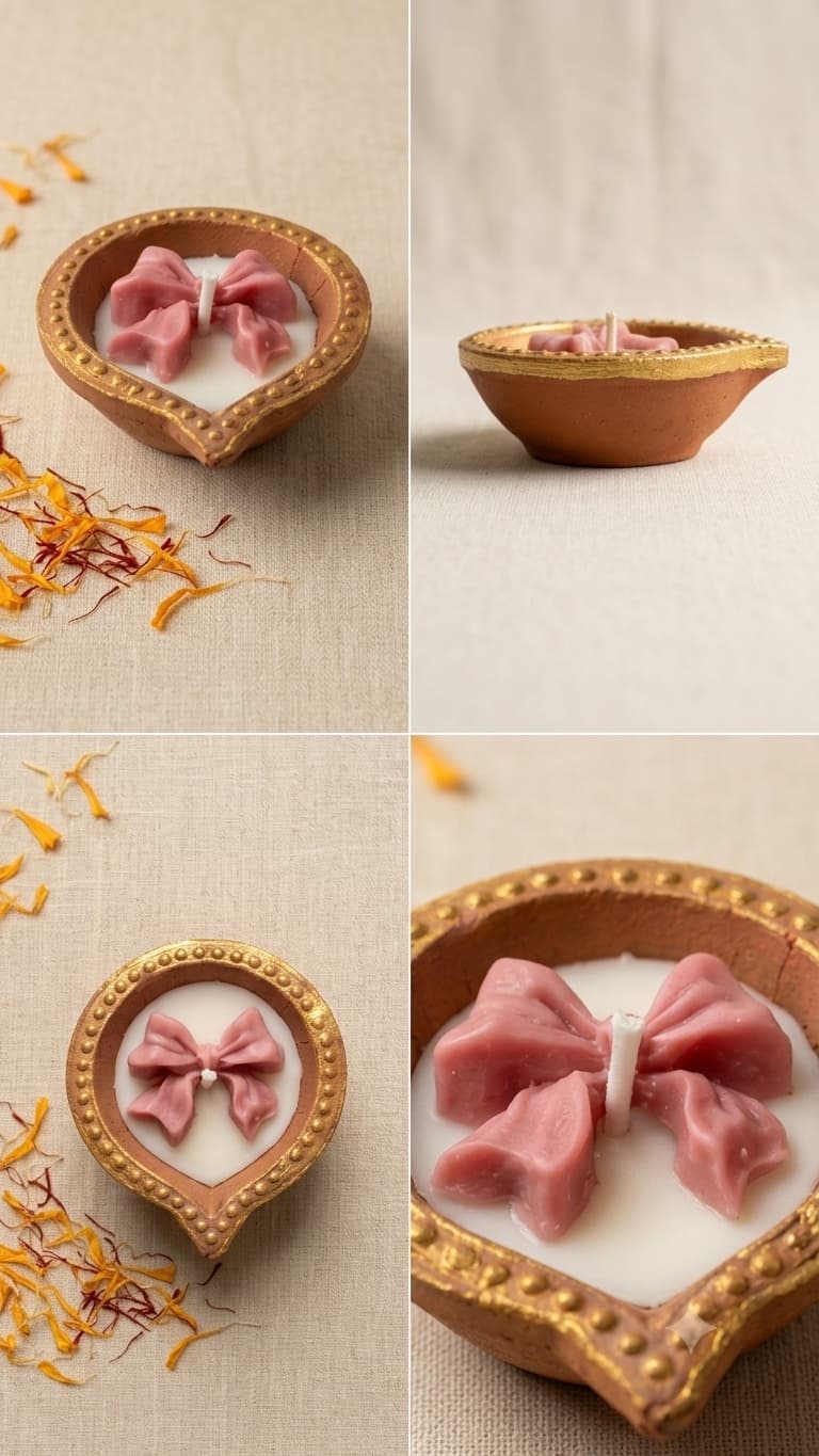 Four views of a terracotta diya with a gold-beaded rim, filled with white soy wax and topped with a dusty-rose wax bow around a cotton wick, on linen scattered with saffron and marigold petals.