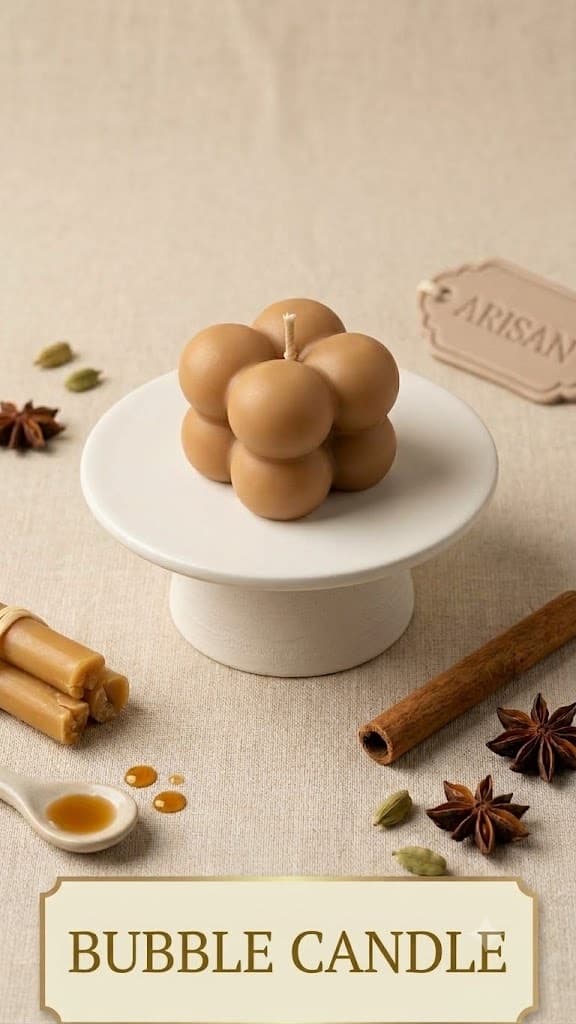 A free-standing candle moulded as a cube of caramel-coloured spheres, wick at the top, on a small white cake stand with cinnamon, star anise, cardamom and a spoon of honey around it.