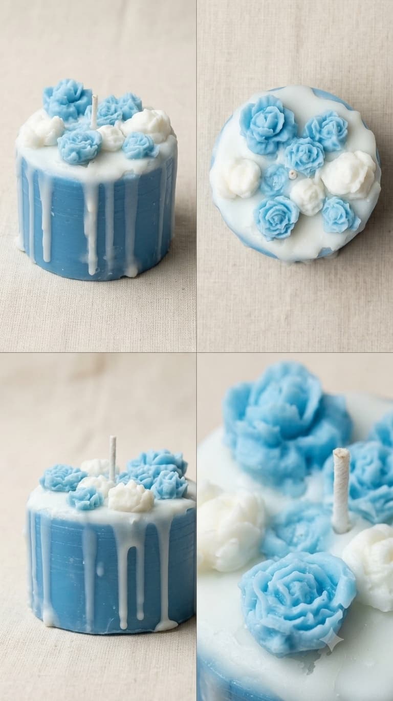 Four views of a free-standing candle moulded as a small blue cake with white icing dripping down its sides, topped with blue and white wax roses around a single wick, on cream linen.
