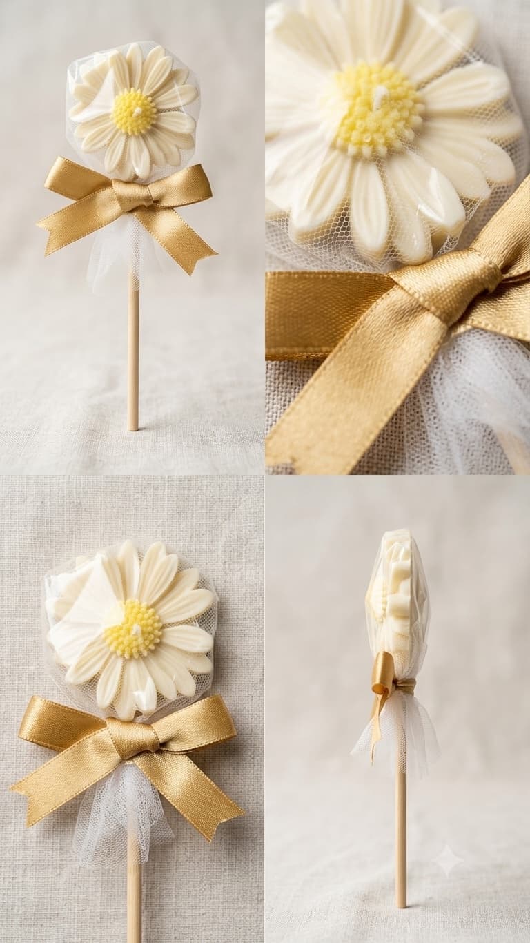 Four views of a candle moulded as a white daisy with a yellow centre, mounted on a wooden stick, wrapped in white tulle and tied with a gold satin bow, on cream linen.