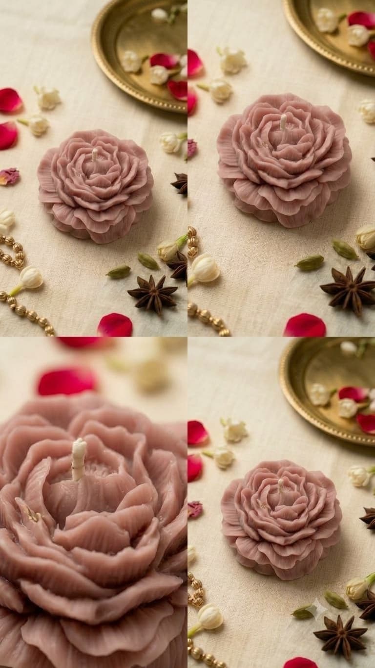 Four views of a free-standing candle moulded as a full peony bloom in dusty rose wax, its wick at the centre of the petals, on linen with rose petals, jasmine buds, cardamom, star anise and gold beads.