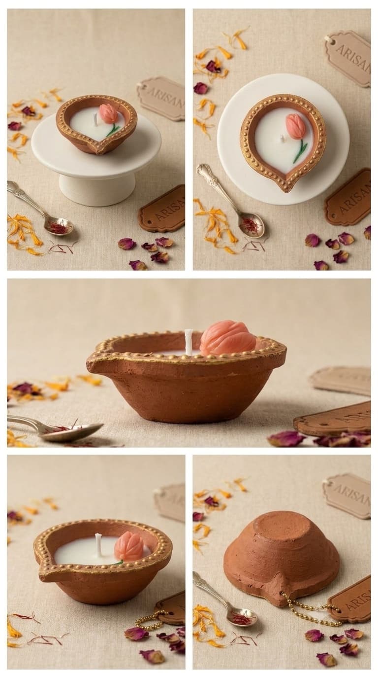 Five views of a terracotta diya with a gold-beaded rim, filled with white wax and topped with a peach tulip on a green stem, including the underside of the clay lamp, styled with saffron, marigold and dried rose petals.