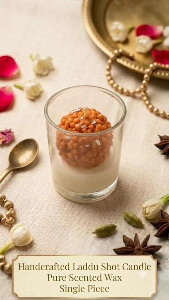 A small glass filled with white wax holding a wax laddu dotted with silver leaf, wick on top, styled on linen with rose petals, jasmine, cardamom, star anise and a brass spoon, captioned Handcrafted Laddu Shot Candle — pure scented wax, single piece.