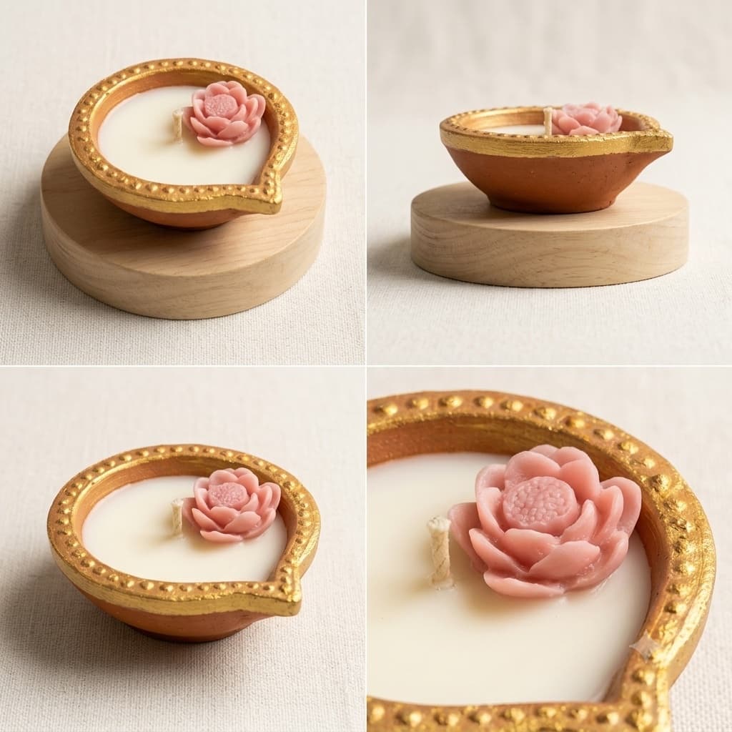 Four views of a single terracotta diya candle with a gold-beaded rim, filled with white soy wax and topped with a pink lotus-shaped wax flower beside a cotton wick, resting on a round wooden coaster.