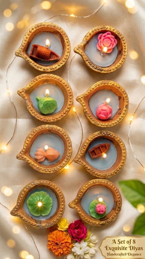 Eight lit clay diyas with gold-beaded rims and pale blue wax, each holding a different float — lotus blooms, a lotus pod, two boats, a fish and lily pads — arranged on cream cloth with fairy lights and marigolds.