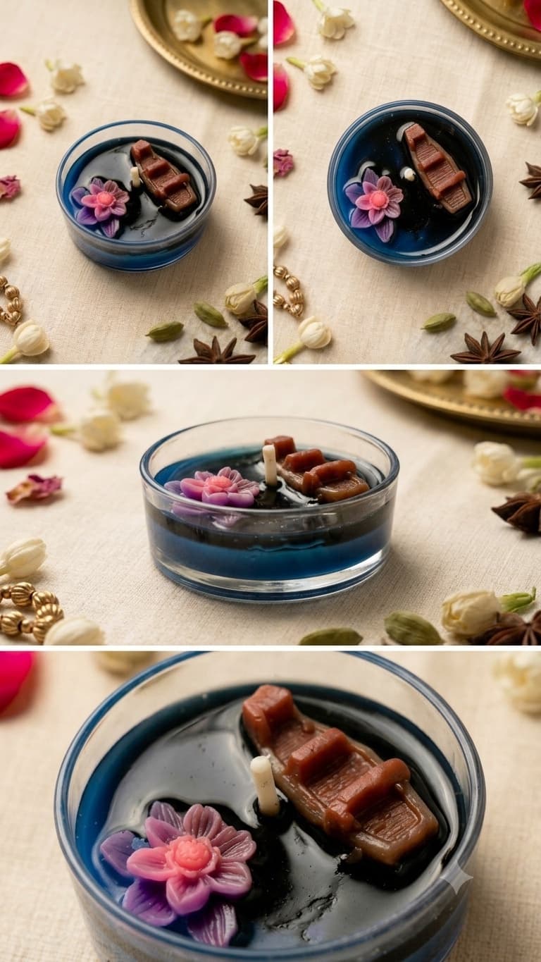 Four views of a clear glass tea light filled with deep blue wax like water, holding a purple and pink wax lotus beside a brown wax boat, styled on linen with rose petals, jasmine, cardamom and star anise.