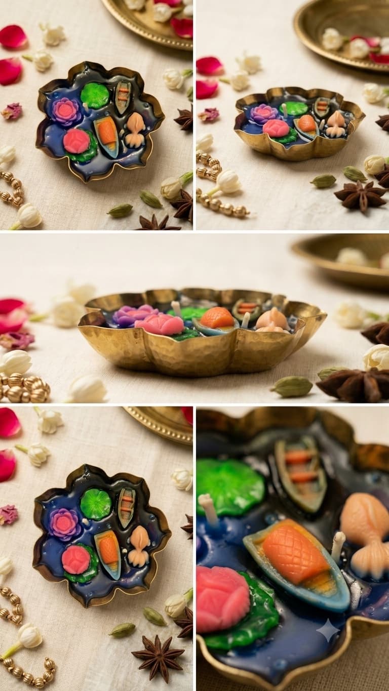 Five views of a scalloped brass urli filled with deep blue wax like a pond, holding wax miniatures — pink and purple lotuses on green lily pads, two boats and a peach fish — styled with rose petals, jasmine, cardamom and star anise.