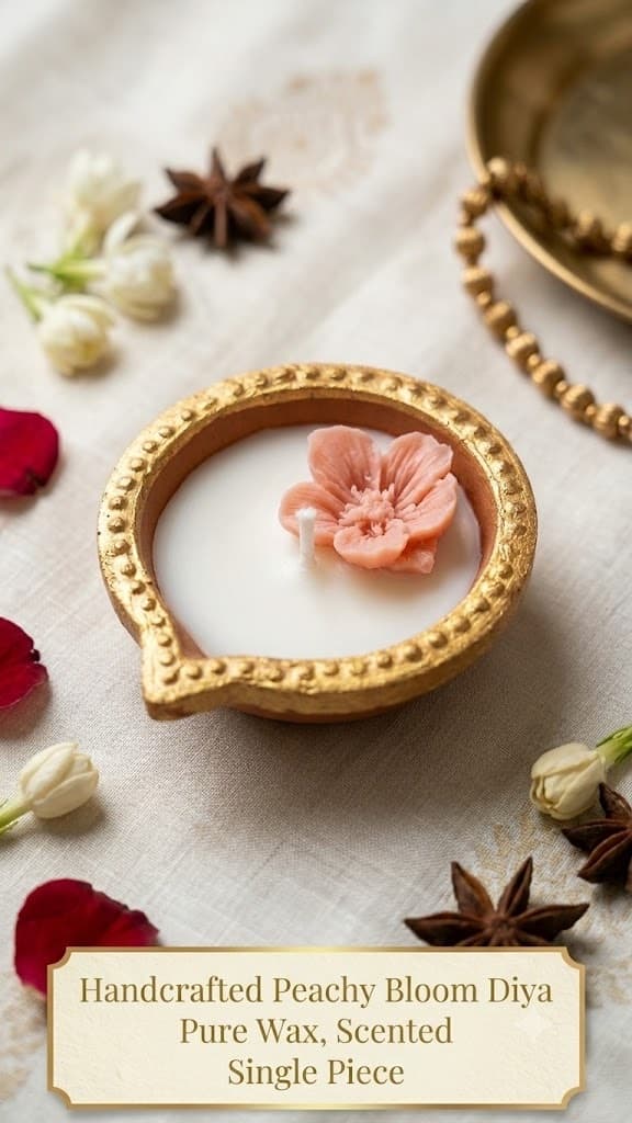 A terracotta diya with a gold-beaded rim, filled with white wax and topped with a peach wax flower beside the wick, on ivory cloth with jasmine buds, star anise and red petals, captioned Handcrafted Peachy Bloom Diya — pure wax, scented, single piece.