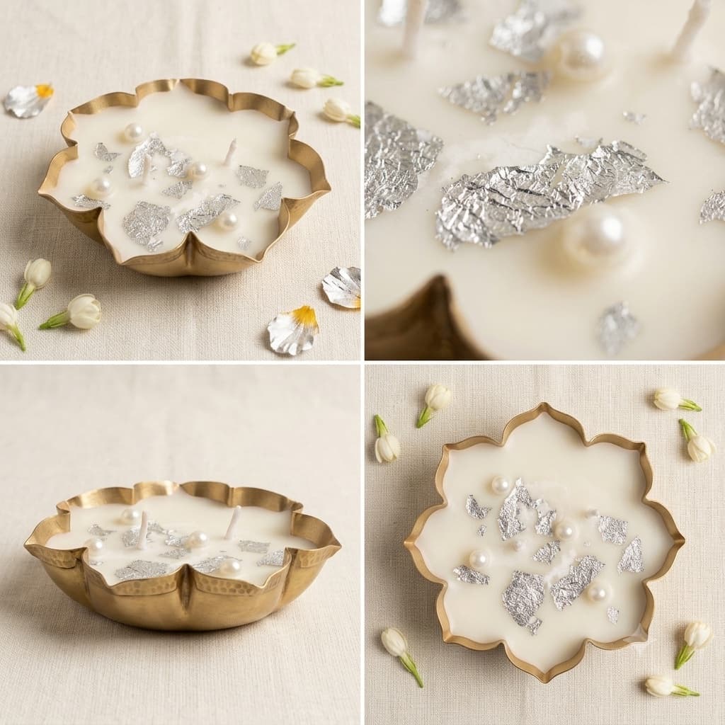Four views of a scalloped brass urli filled with ivory wax, its surface scattered with torn silver leaf and round pearls around several cotton wicks, on cream linen with jasmine buds.