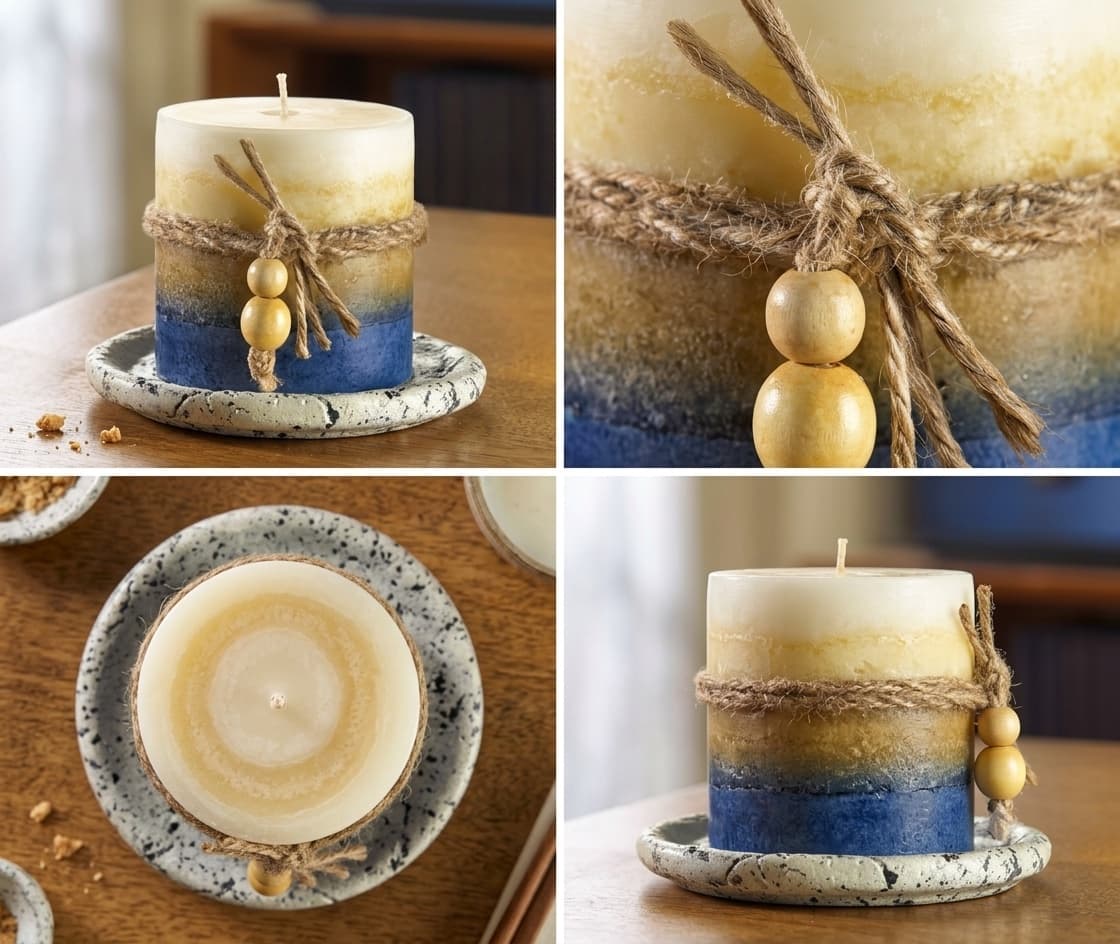 Four views of a pillar candle graded from cream through honey to deep blue, tied around the middle with jute twine and two wooden beads, standing on a speckled ceramic dish on a wooden table.