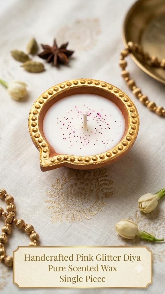 A terracotta diya with a gold-beaded rim, filled with white wax scattered with pink glitter around the wick, on ivory cloth with jasmine buds, cardamom and gold beads, captioned Handcrafted Pink Glitter Diya — pure scented wax, single piece.